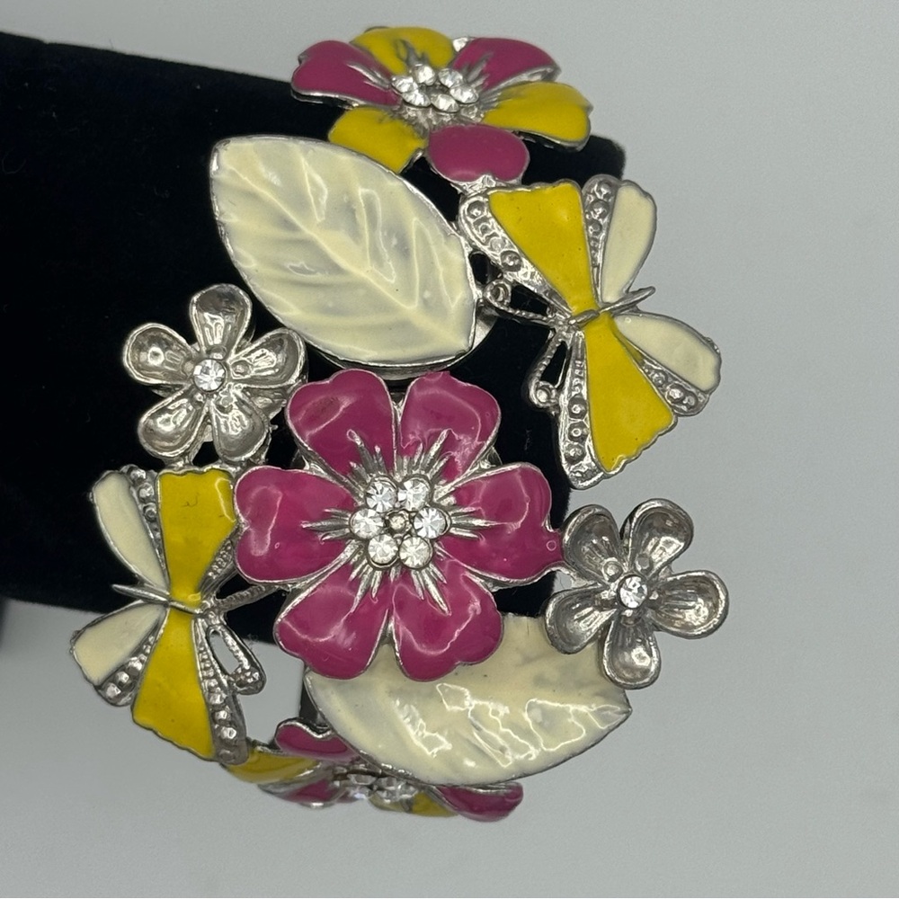 Colorful Enamel Floral & Butterfly Hinged Bangle Bracelet –Statement Garden